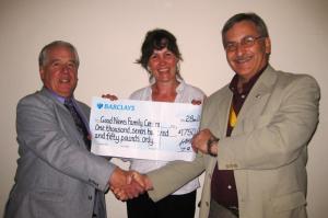 Rotarian Tony Kemp presents the money raised from the 2009 charity golf day to Charis House.